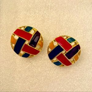 Colorful 80s Enamel Gold Tone Earrings VTG